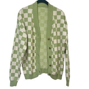 Green and White Checkered Knit Cardigan S Oversized